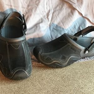 NWOT - Black Leather Crocs Clogs w/ White stiching